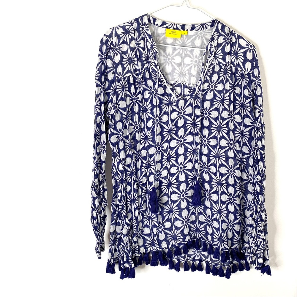 Roller Rabbit Blue White Floral Cotton Tassel Coverup Tunic Dress Resort